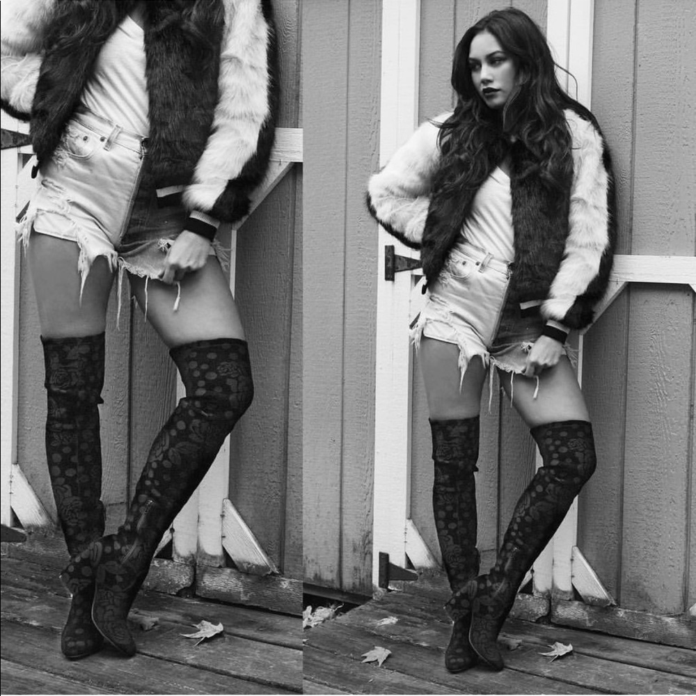 Moonlight Black Floral Velvet Over The Knee Boots - Picture 3 of 7